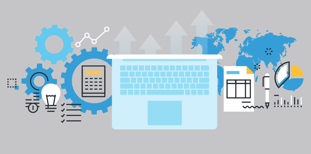 Illustration Of A Laptop Surrounded By Gears, Charts, And World Map, Representing Business Growth, Data Analysis, And Technological Innovation In Services